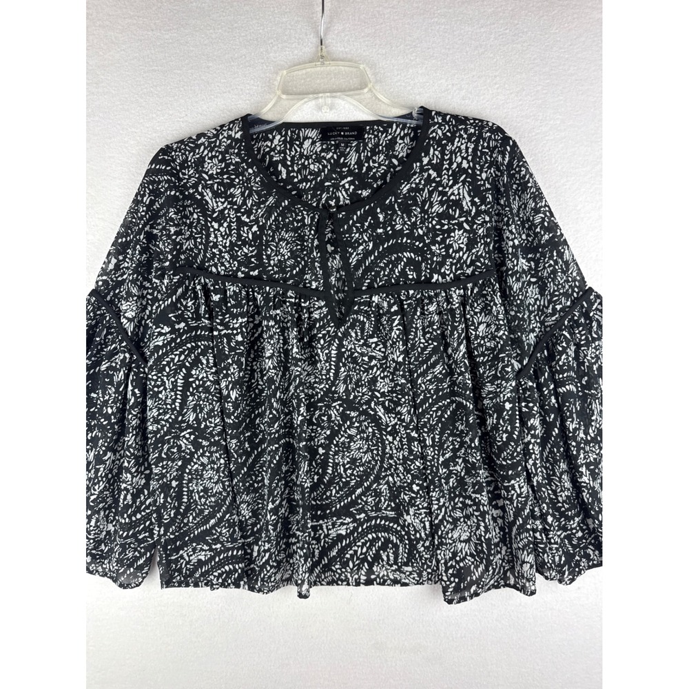 Lucky Brand Black White Paisley Chiffon Boho Bell Sleeve Blouse Womens Medium